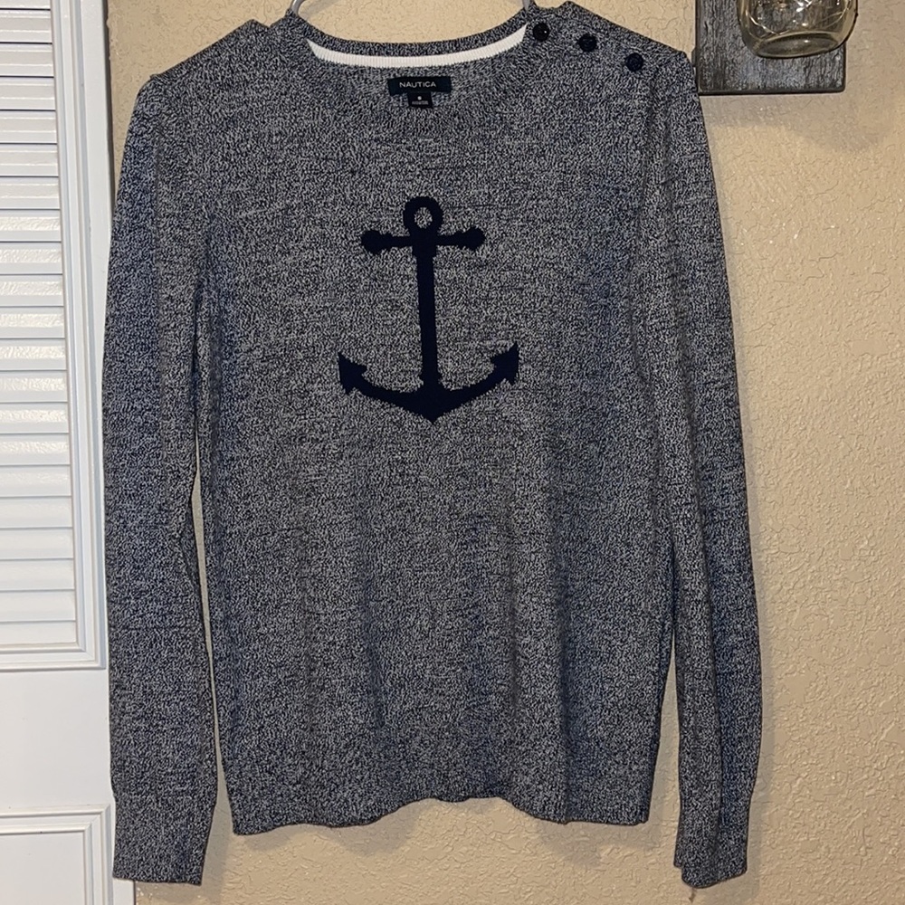 Nautica Buttoned Shoulder Marled Blue Crewneck Sweater Size Small